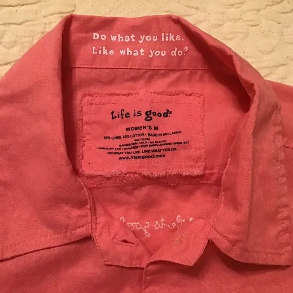 Life is Good Linen Cotton Blend Carnation Pink Button Front Short Sleeve Shirt - Picture 2 of 12